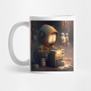 Robotic android playing with radio wall art Mug